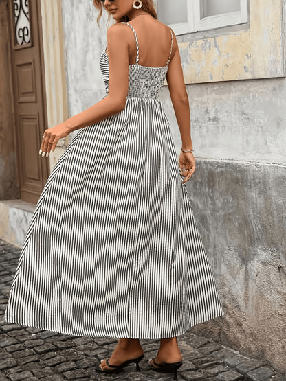 Elegant Black Striped Maxi Dress for Women with Square Neck Sleeveless Smocked High Low Style