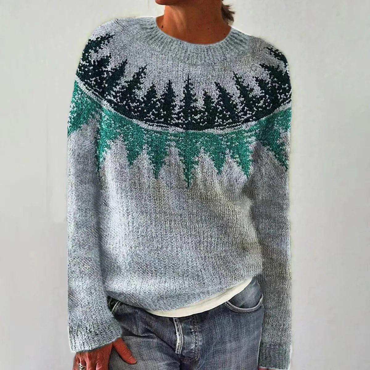 Comfortable Patterned Knit Sweater for Women with Boat Neck Long Sleeve Relaxed Oversized Style
