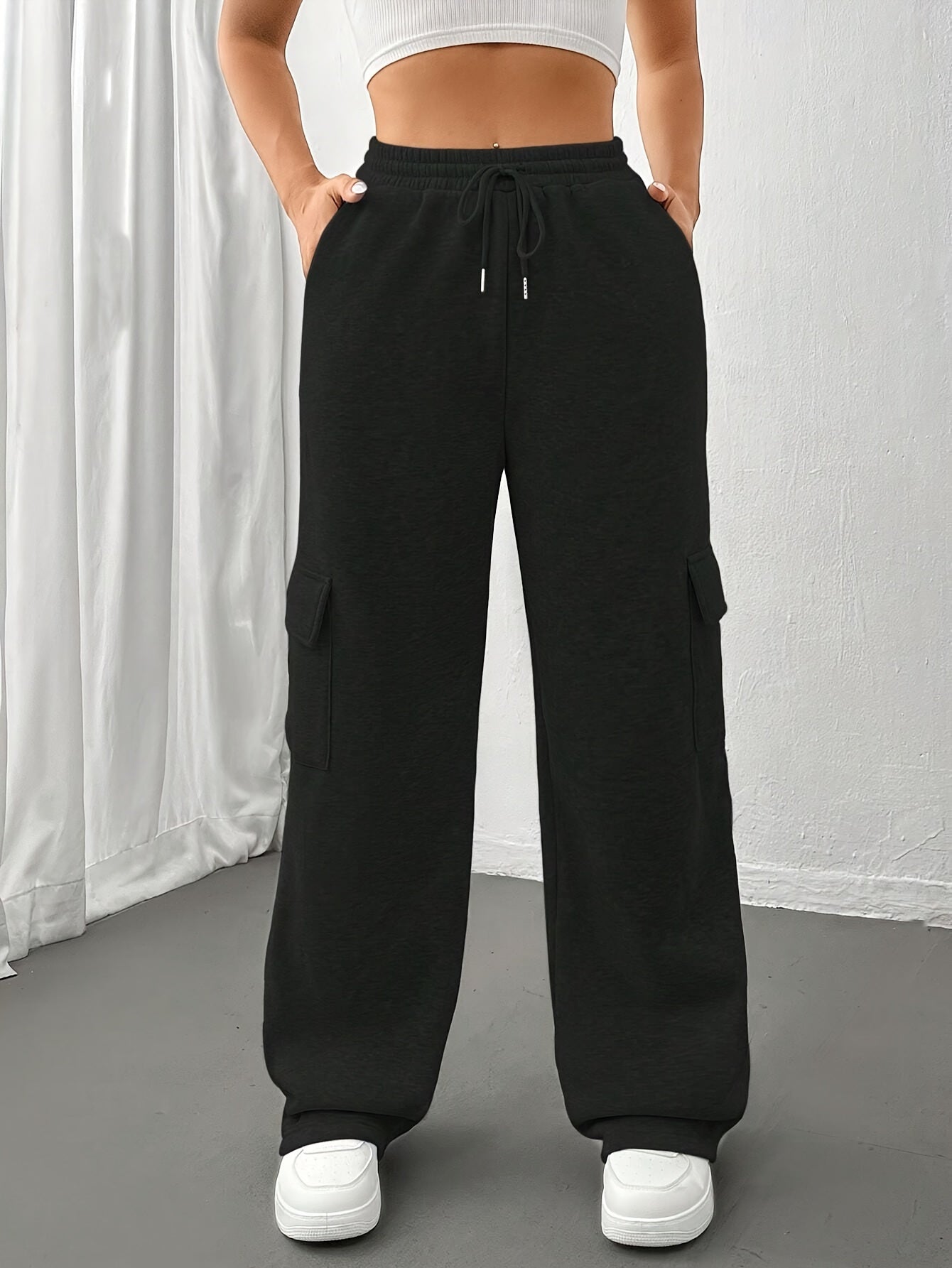 Comfortable Black Cargo Sweatpants for Women with High Waist Drawstring Flap Pocket Wide Leg Relaxed Style