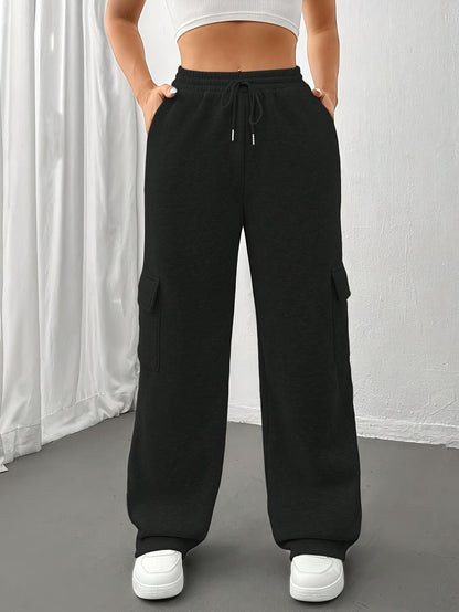 Comfortable Black Cargo Sweatpants for Women with High Waist Drawstring Flap Pocket Wide Leg Relaxed Style
