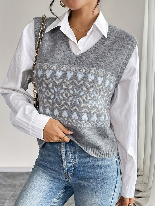 Elegant Grey Fair Isle Sweater Vest for Women with V Neck Sleeveless Cropped Oversized Knit Style