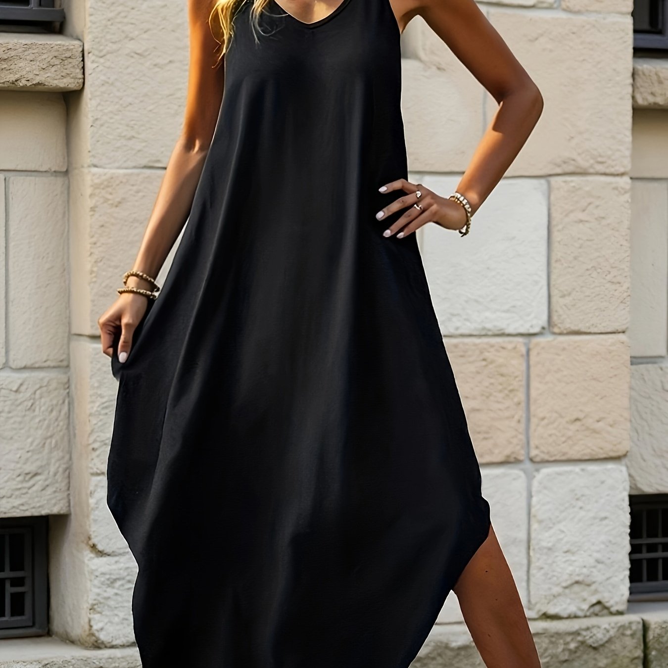 Effortless Black Maxi Dress for Women with V Neck Spaghetti Strap Cocoon Flowing Style