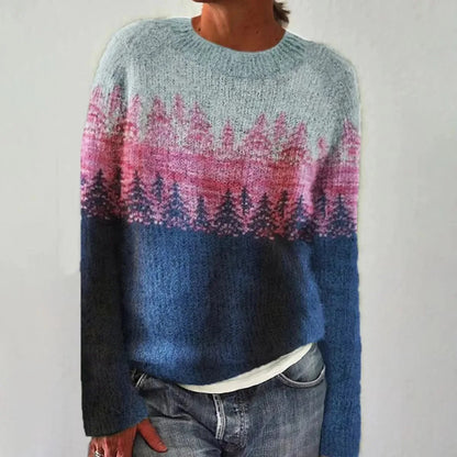 Comfortable Patterned Knit Sweater for Women with Boat Neck Long Sleeve Relaxed Oversized Style