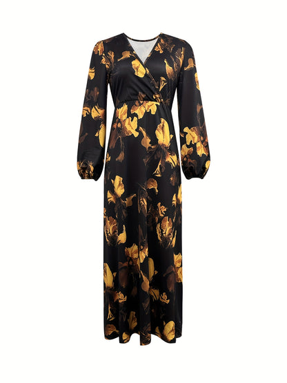 Elegant Black Floral Maxi Dress for Women with V Neck Bishop Sleeve Wrap Asymmetrical Hem Flowing Style