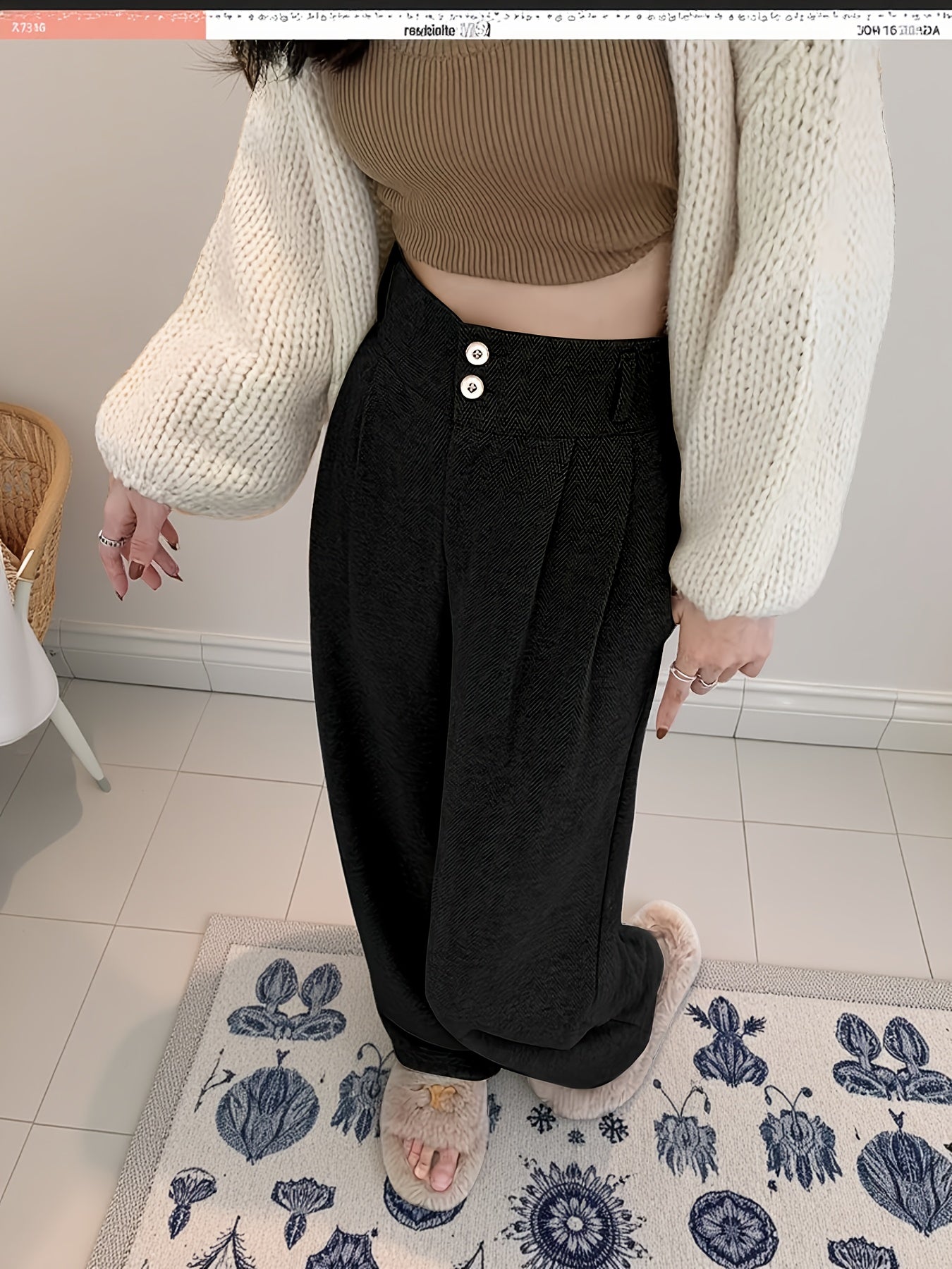 Elegant Herringbone Wide Leg Pants for Women with High Waist Button Front Pleated Tailored Style