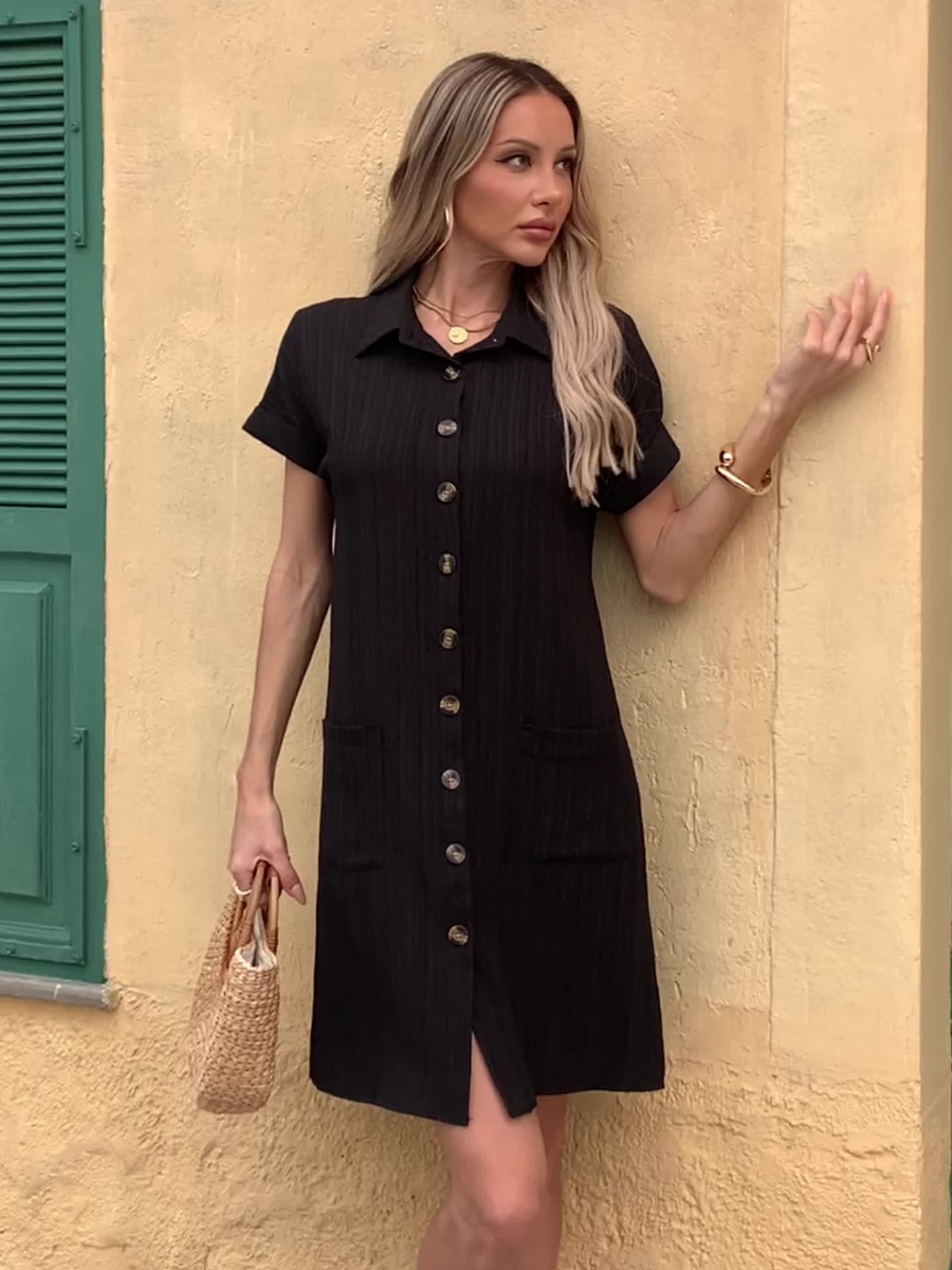 Effortless Textured Shirt Dress for Women with Collar Short Sleeve Button Front Relaxed Casual Style