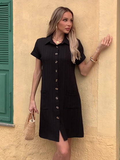 Effortless Textured Shirt Dress for Women with Collar Short Sleeve Button Front Relaxed Casual Style