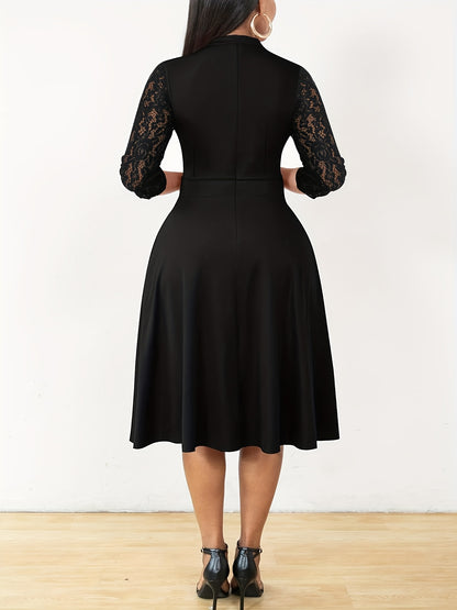 Autumn/Winter Women's Fashion Elegant V-Neck Lace Sleeve Three-Quarter Sleeve A-Line Midi Dress, Suitable for Formal Occasions, Cocktail Parties, and Gatherings