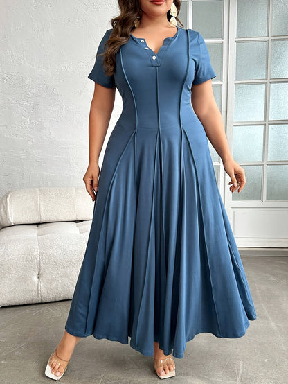 Plus Size, Button- Collar with Pleated Detail Short Sleeve Dress, Suitable for Beach, Party, Summer, Casual, Vacation, and Date