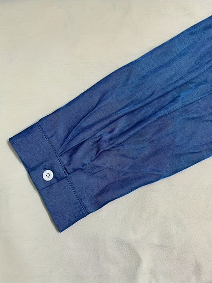 Elegant Blue Denim Maxi Shirt Dress for Women with Collar Long Sleeve High Low Hem Casual Style