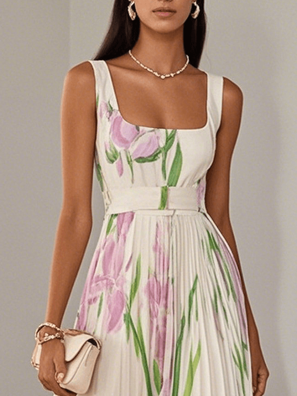 Elegant Floral Maxi Dress for Women with Square Neck Sleeveless Belted Pleated Flowing Style