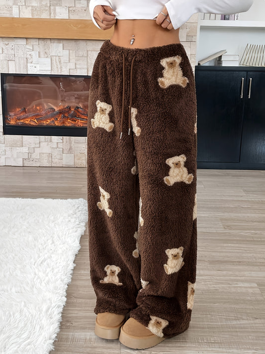 Women's Fashion  Pants with Cartoon Bear Pattern, Winter Warm Long Pants, Casual Home Pants