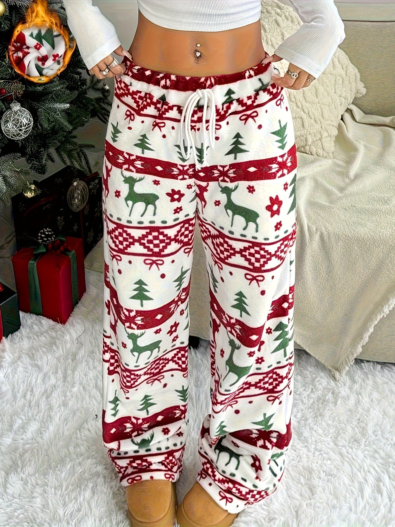Christmas Style Drawstring Fleece Pants