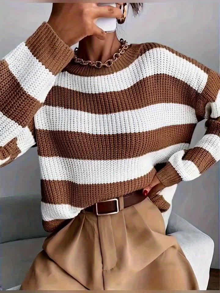 Comfortable Striped Sweater for Women with Crew Neck Long Sleeve Relaxed Oversized Knit Style