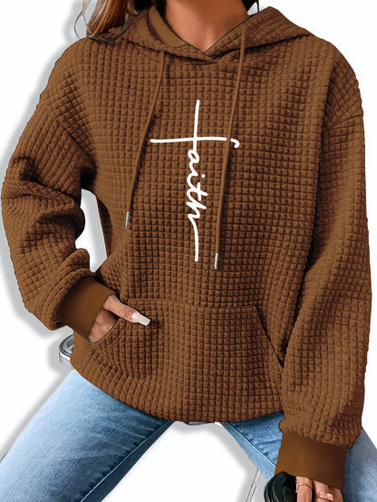 Comfortable Waffle Knit Graphic Hoodie for Women with Drawstring Hood Long Sleeve Oversized Relaxed Style