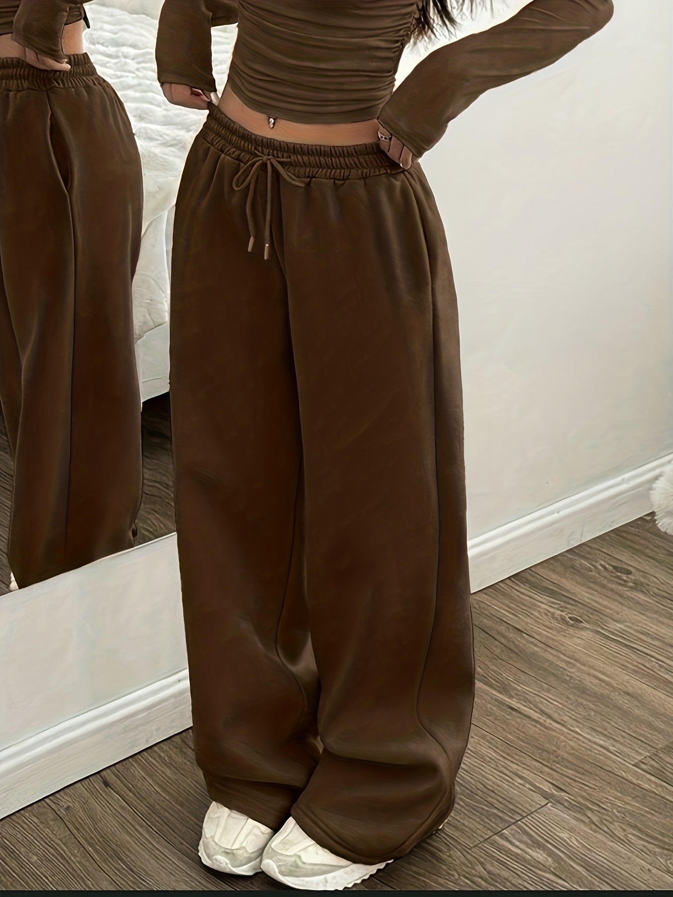 Women'S Fashion Casual Home Wear Trousers Autumn Winter Back to Solid Basic Style Office Loose Wide Leg Pants Easy Design Versatile