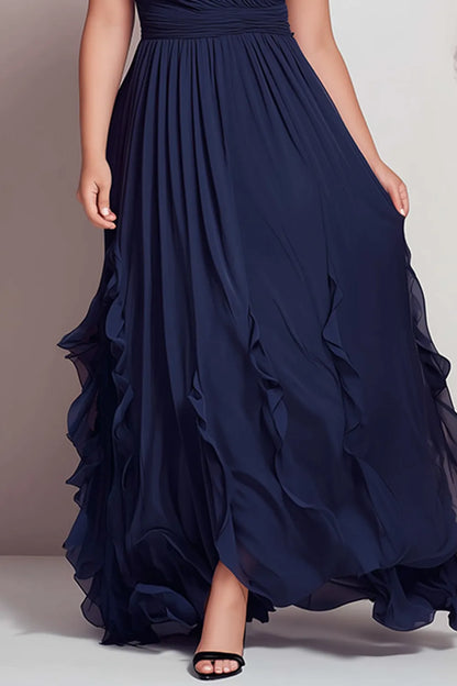 Elegant Navy Blue Maxi Dress for Women with V Neck Ruffle Strap Ruched Waist Flowing Wedding Guest Style