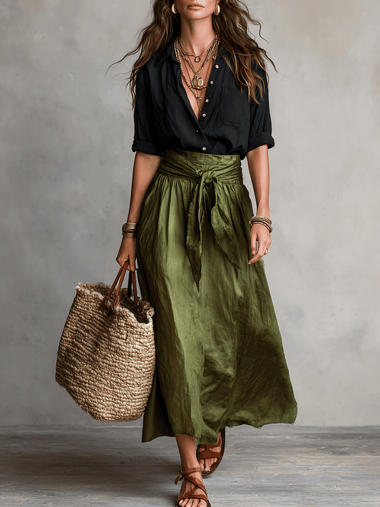 Effortless Linen Maxi Skirt Set for Women with Collared Elbow Sleeve Tie Waist Two Piece Bohemian Style