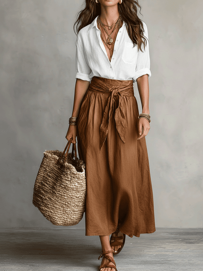 Effortless Linen Maxi Skirt Set for Women with Collared Elbow Sleeve Tie Waist Two Piece Bohemian Style