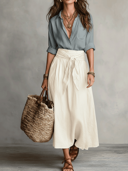 Effortless Linen Maxi Skirt Set for Women with Collared Elbow Sleeve Tie Waist Two Piece Bohemian Style