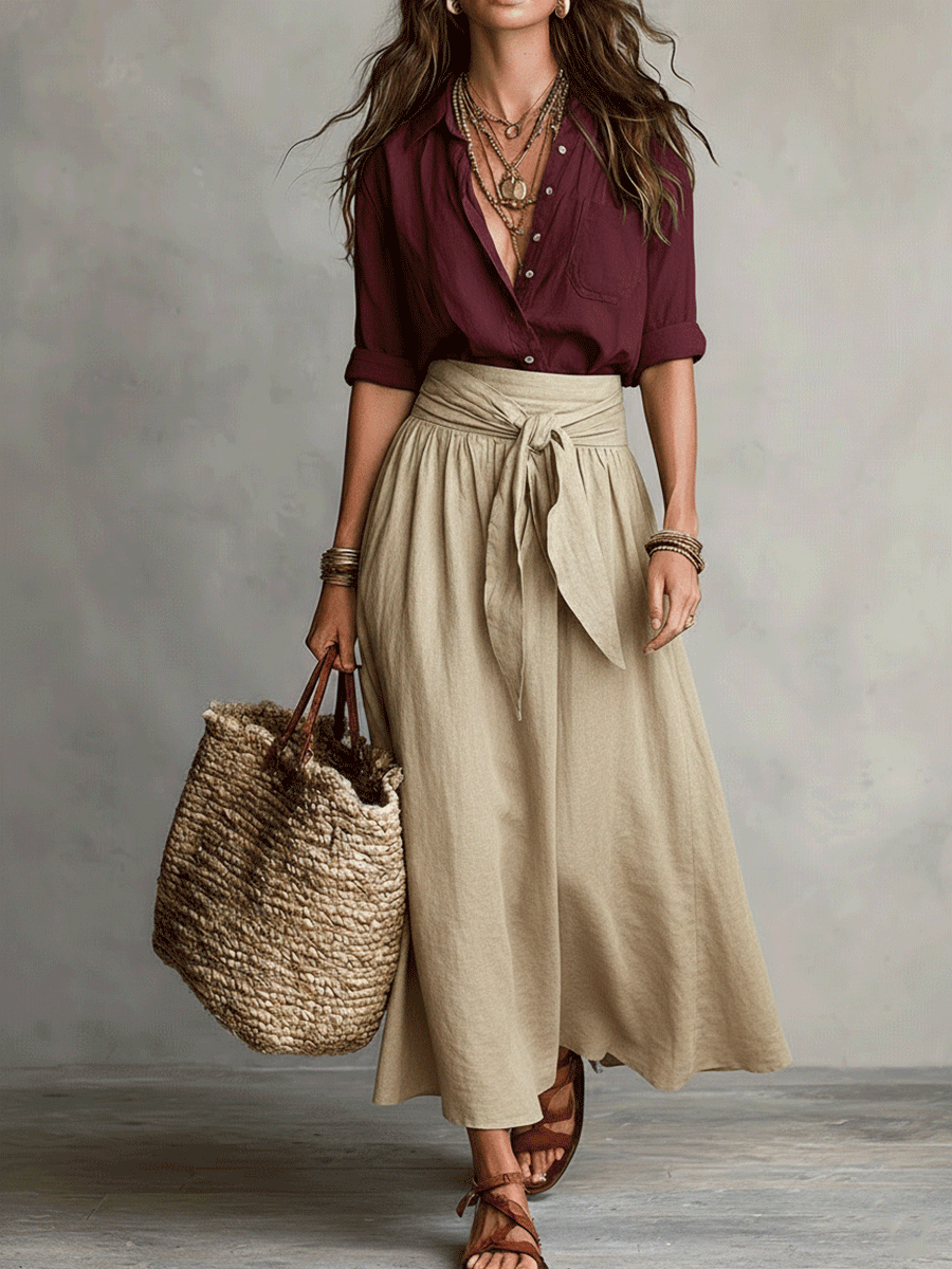 Effortless Linen Maxi Skirt Set for Women with Collared Elbow Sleeve Tie Waist Two Piece Bohemian Style