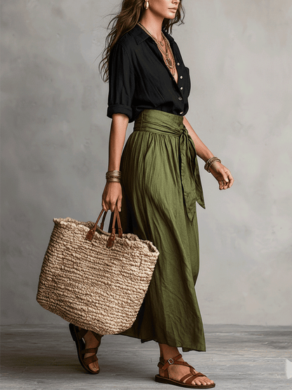 Effortless Linen Maxi Skirt Set for Women with Collared Elbow Sleeve Tie Waist Two Piece Bohemian Style