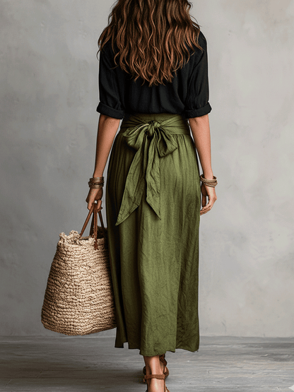 Effortless Linen Maxi Skirt Set for Women with Collared Elbow Sleeve Tie Waist Two Piece Bohemian Style