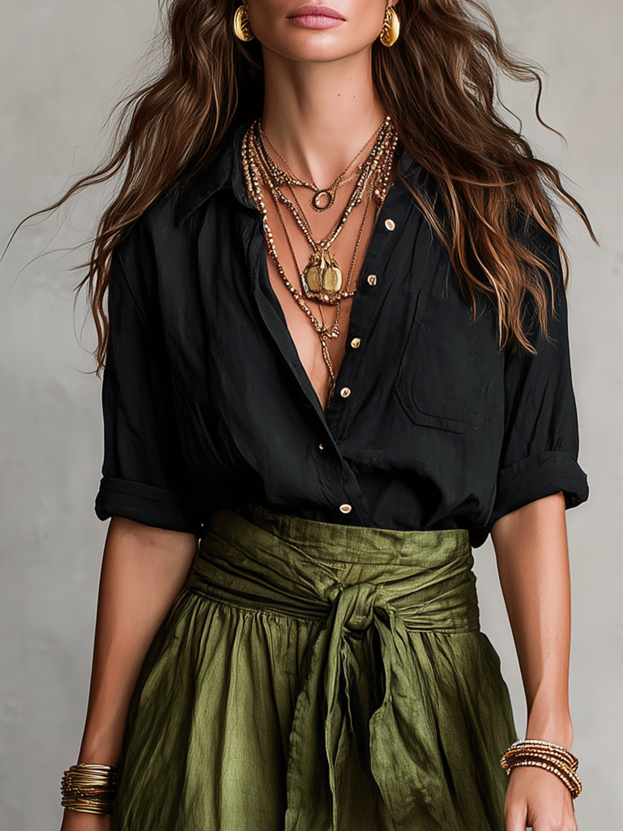 Effortless Linen Maxi Skirt Set for Women with Collared Elbow Sleeve Tie Waist Two Piece Bohemian Style