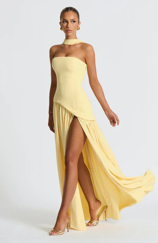 Elegant Draped Maxi Dress for Women with Strapless Neck Wrap Corset Back High Slit Flowing Style