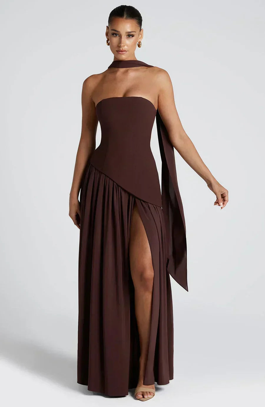 Elegant Draped Maxi Dress for Women with Strapless Neck Wrap Corset Back High Slit Flowing Style