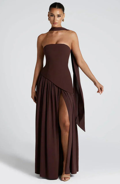 Elegant Draped Maxi Dress for Women with Strapless Neck Wrap Corset Back High Slit Flowing Style