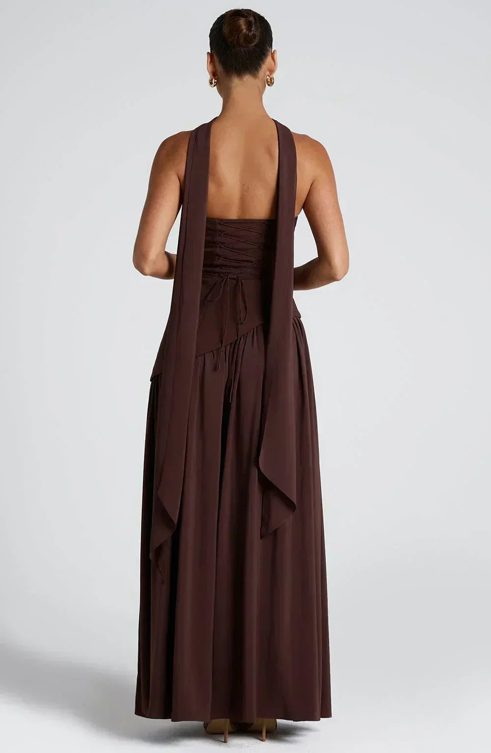 Elegant Draped Maxi Dress for Women with Strapless Neck Wrap Corset Back High Slit Flowing Style