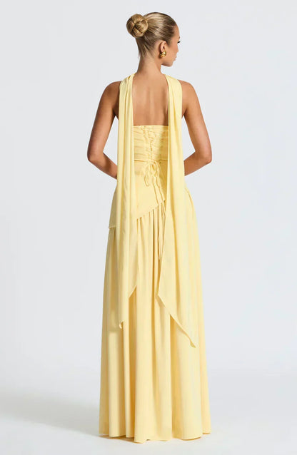 Elegant Draped Maxi Dress for Women with Strapless Neck Wrap Corset Back High Slit Flowing Style