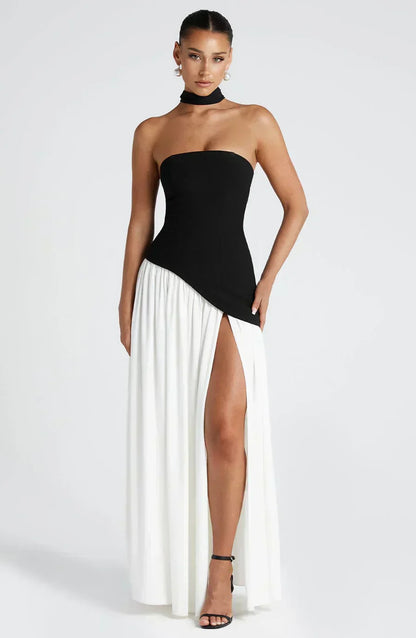 Elegant Draped Maxi Dress for Women with Strapless Neck Wrap Corset Back High Slit Flowing Style