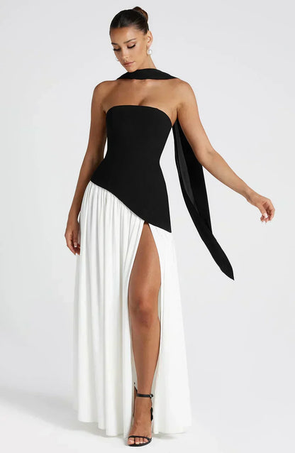 Elegant Draped Maxi Dress for Women with Strapless Neck Wrap Corset Back High Slit Flowing Style