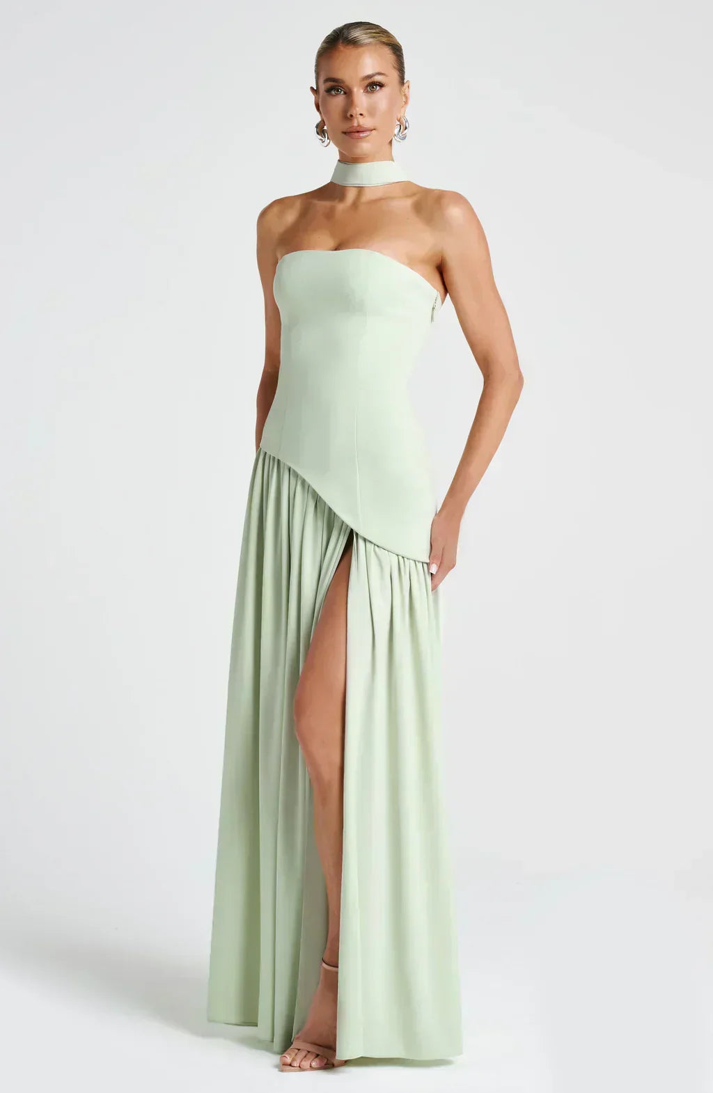 Elegant Draped Maxi Dress for Women with Strapless Neck Wrap Corset Back High Slit Flowing Style