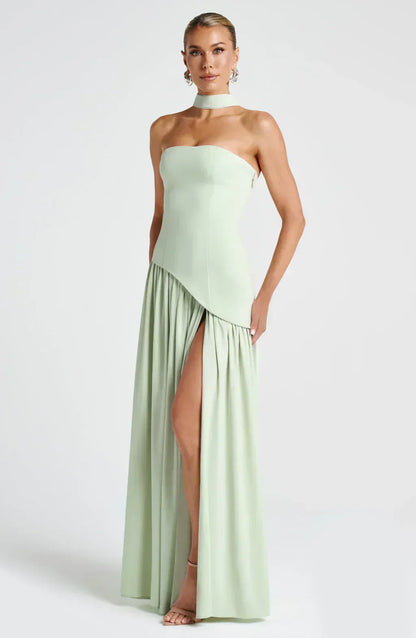 Elegant Draped Maxi Dress for Women with Strapless Neck Wrap Corset Back High Slit Flowing Style