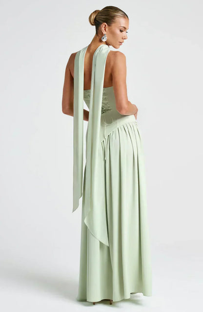 Elegant Draped Maxi Dress for Women with Strapless Neck Wrap Corset Back High Slit Flowing Style