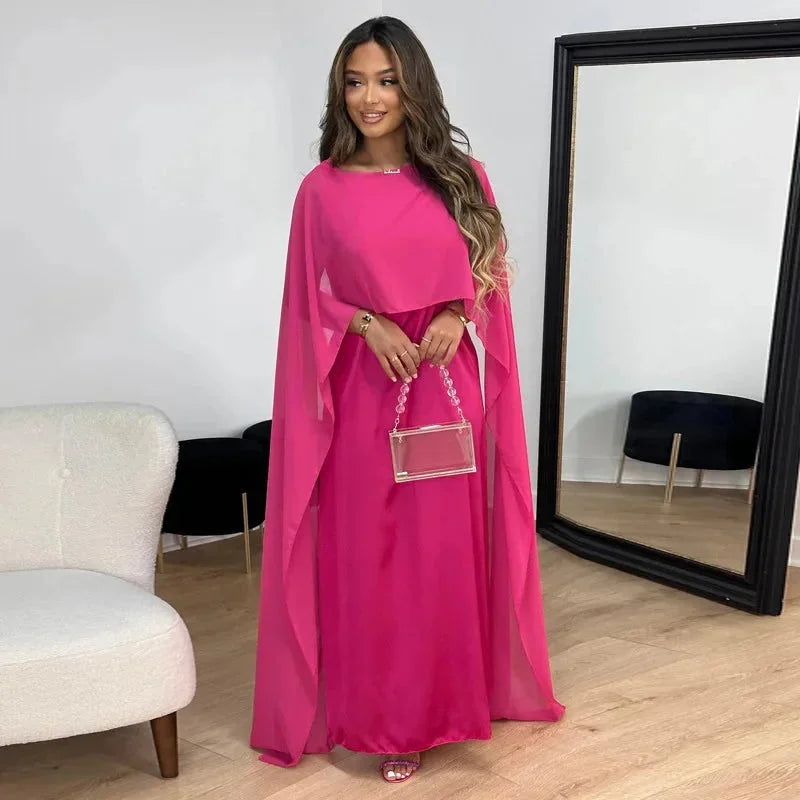 Elegant Chiffon Kaftan Maxi Dress for Women with Boat Neck Cape Sleeve Flowing Style