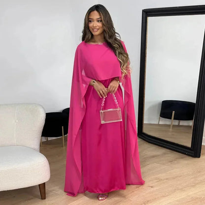 Elegant Chiffon Kaftan Maxi Dress for Women with Boat Neck Cape Sleeve Flowing Style