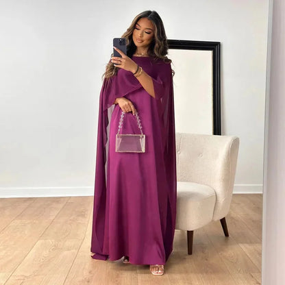Elegant Chiffon Kaftan Maxi Dress for Women with Boat Neck Cape Sleeve Flowing Style
