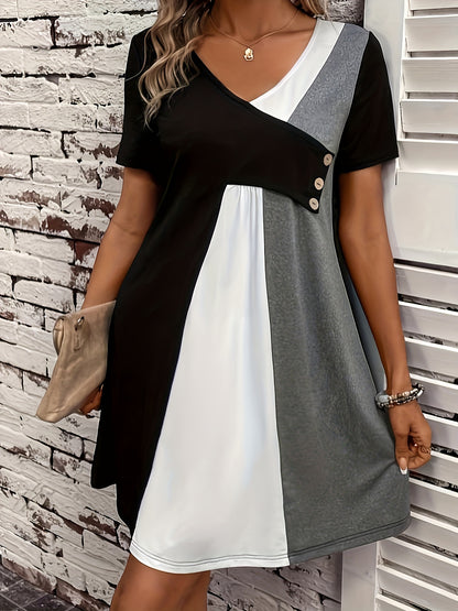 Effortless Colorblock Mini Dress for Women with Asymmetric V Neck Short Sleeve Button Detail Casual Style