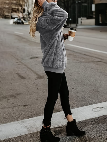 Comfortable Grey Sherpa Hoodie for Women with Hood Long Sleeve Quarter Zip Oversized Relaxed Style