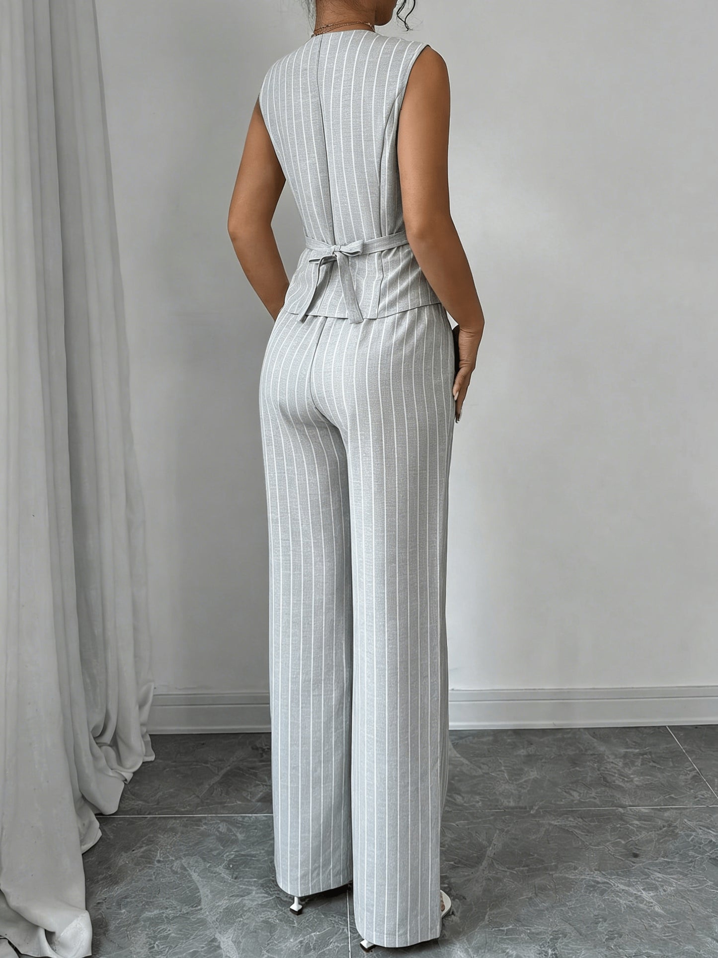 Elegant Grey Pinstripe Two Piece Set for Women with V Neck Button Front Waistcoat Wide Leg Pant Formal Style