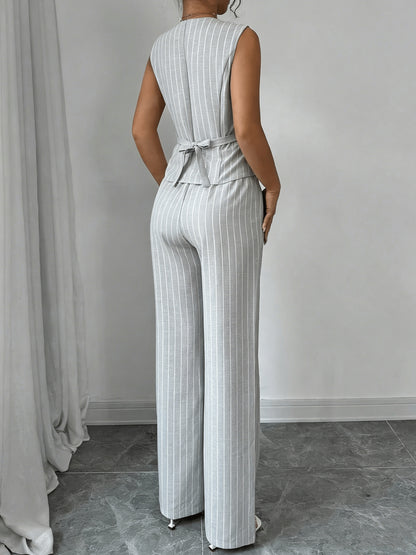 Elegant Grey Pinstripe Two Piece Set for Women with V Neck Button Front Waistcoat Wide Leg Pant Formal Style