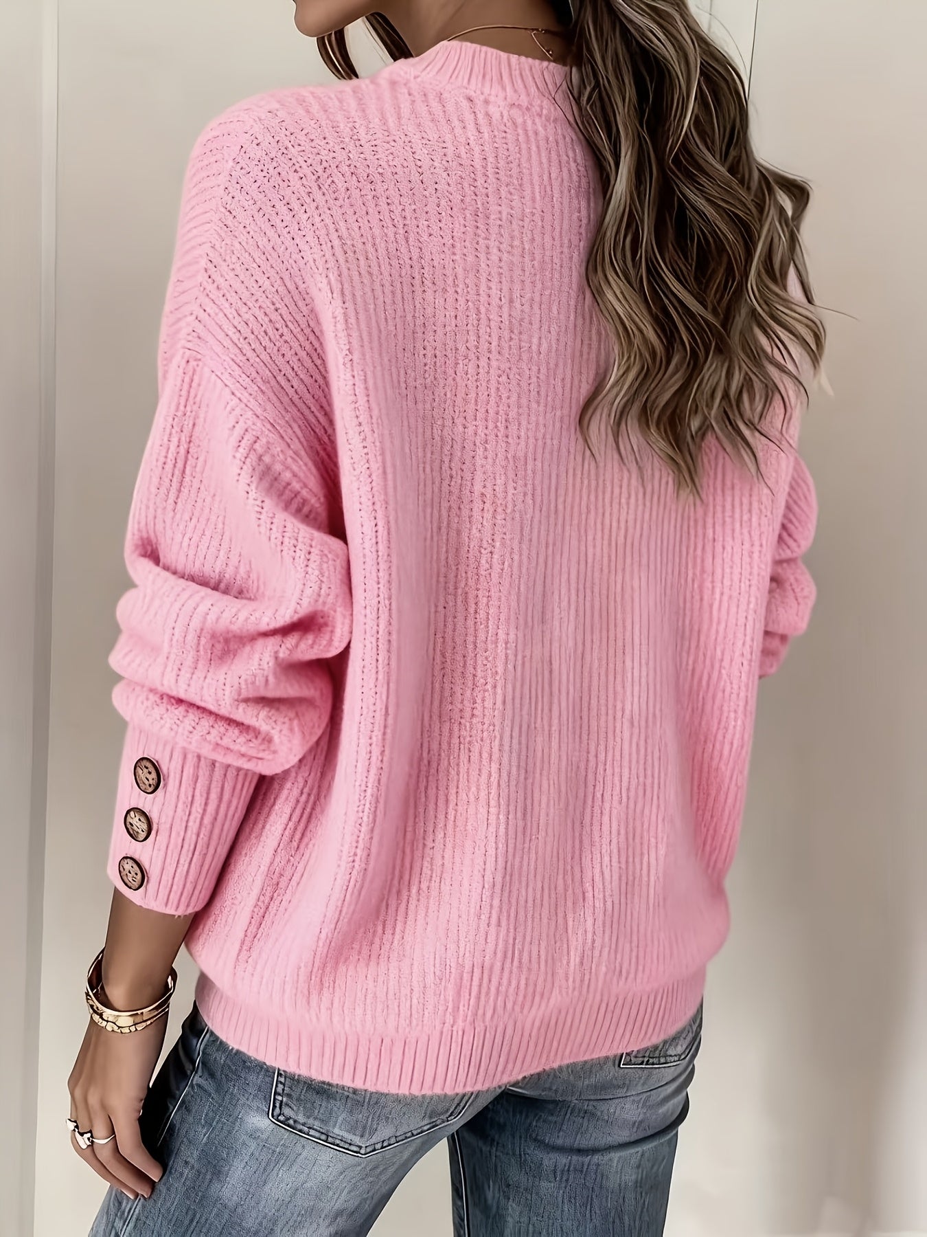2025 New Style, Women'S Comfortable White Pullover Sweater with Faux Button Details - Long Sleeves, Loose Fit, Ribbed Texture, Perfect for Autumn And Winter, Casual Style, Casual Winter Wear | Relaxed Fit Sweater | Pullover Sweater