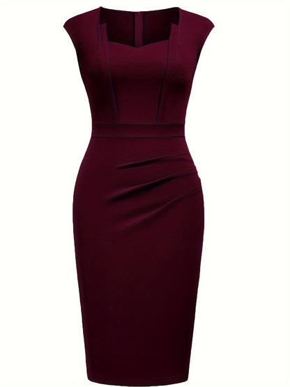 Elegant Sheath Midi Dress for Women with Sweetheart Neck Cap Sleeve Ruched Bodycon Style