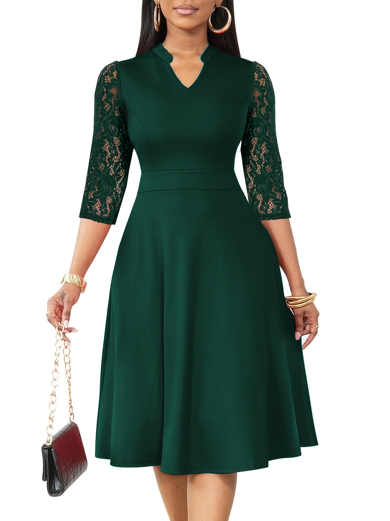 Autumn/Winter Women's Fashion Elegant V-Neck Lace Sleeve Three-Quarter Sleeve A-Line Midi Dress, Suitable for Formal Occasions, Cocktail Parties, and Gatherings