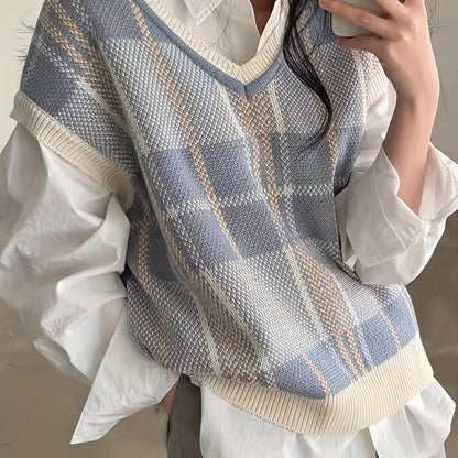 Comfortable Plaid Sweater Vest for Women with V Neck Sleeveless Ribbed Trim Oversized Knit Style