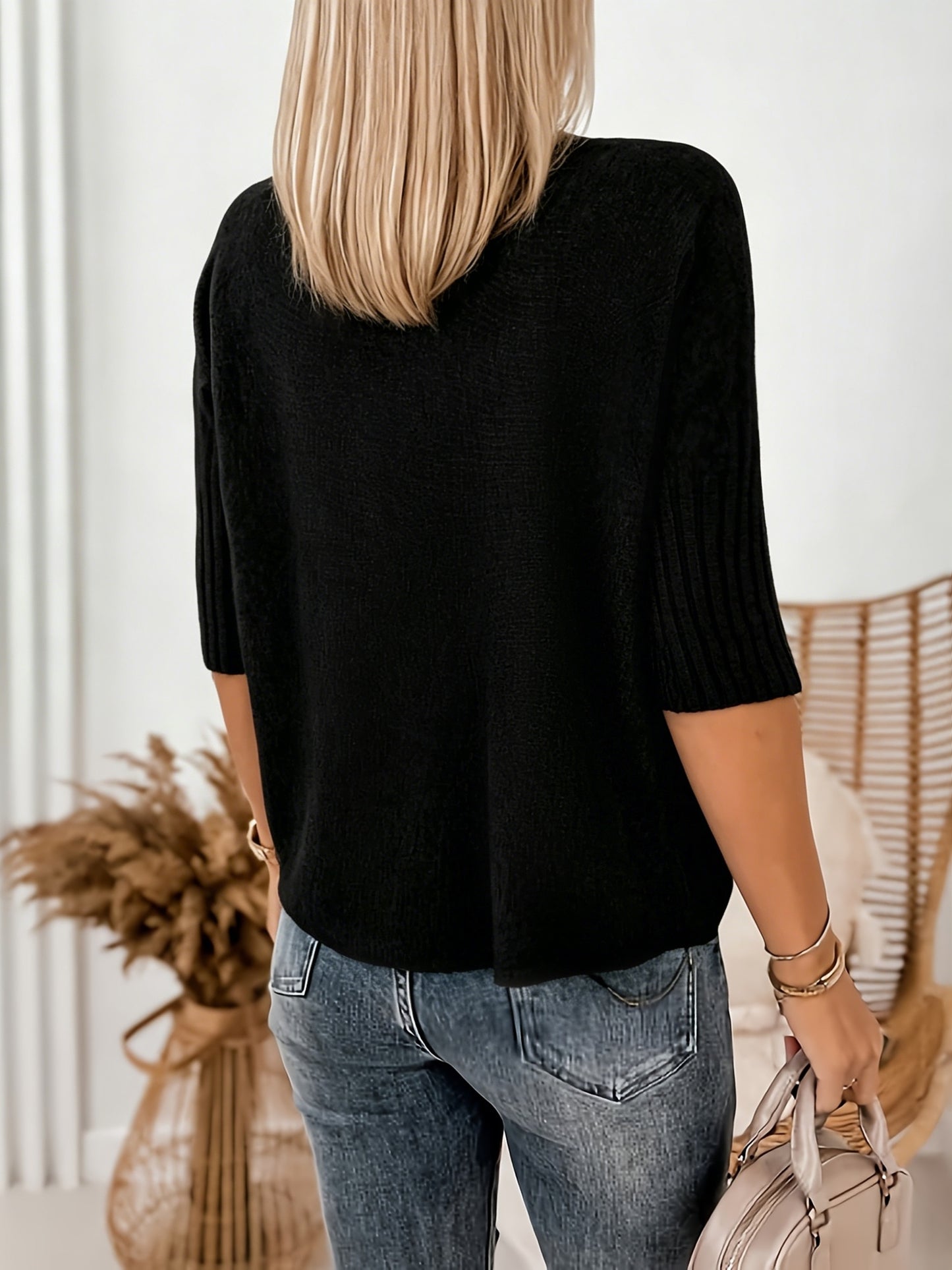 Comfortable Ribbed Sweater for Women with High Neck Elbow Sleeve Relaxed Oversized Knit Style